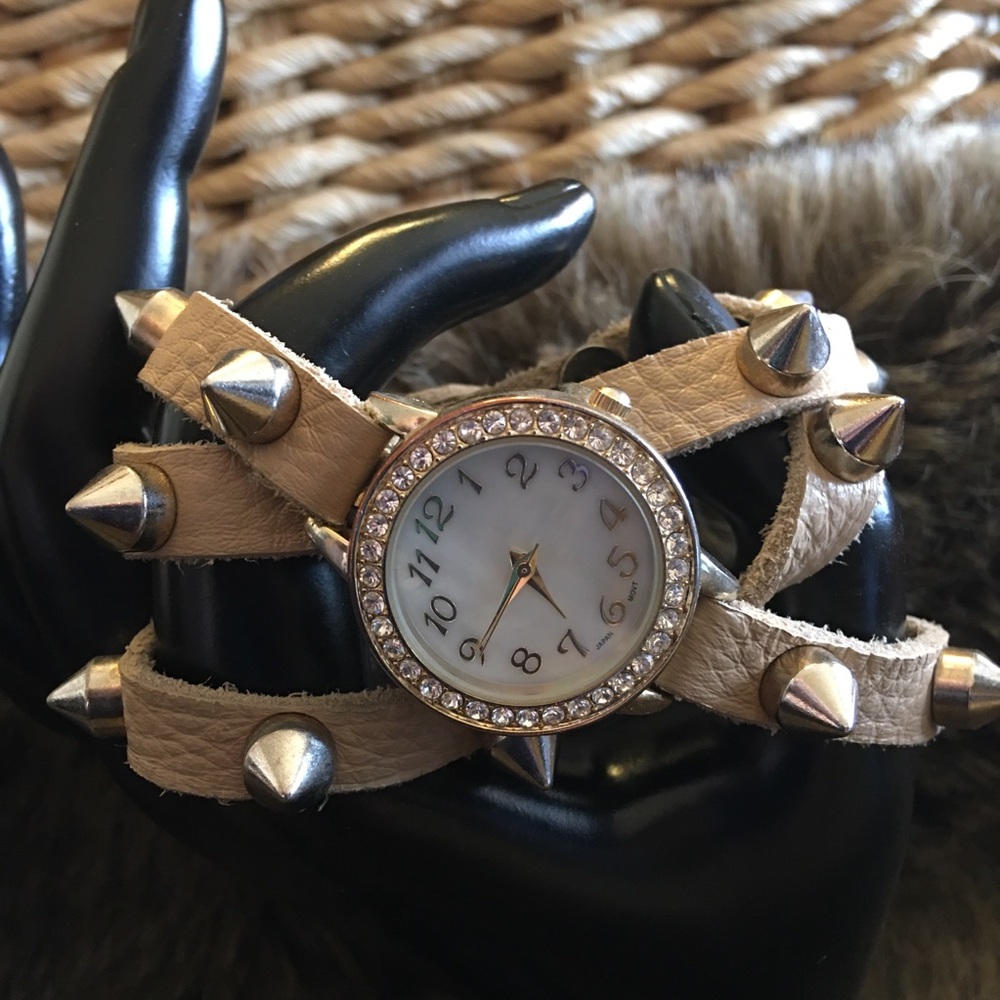 Ladies genuine tan leather spike stud wrap watch